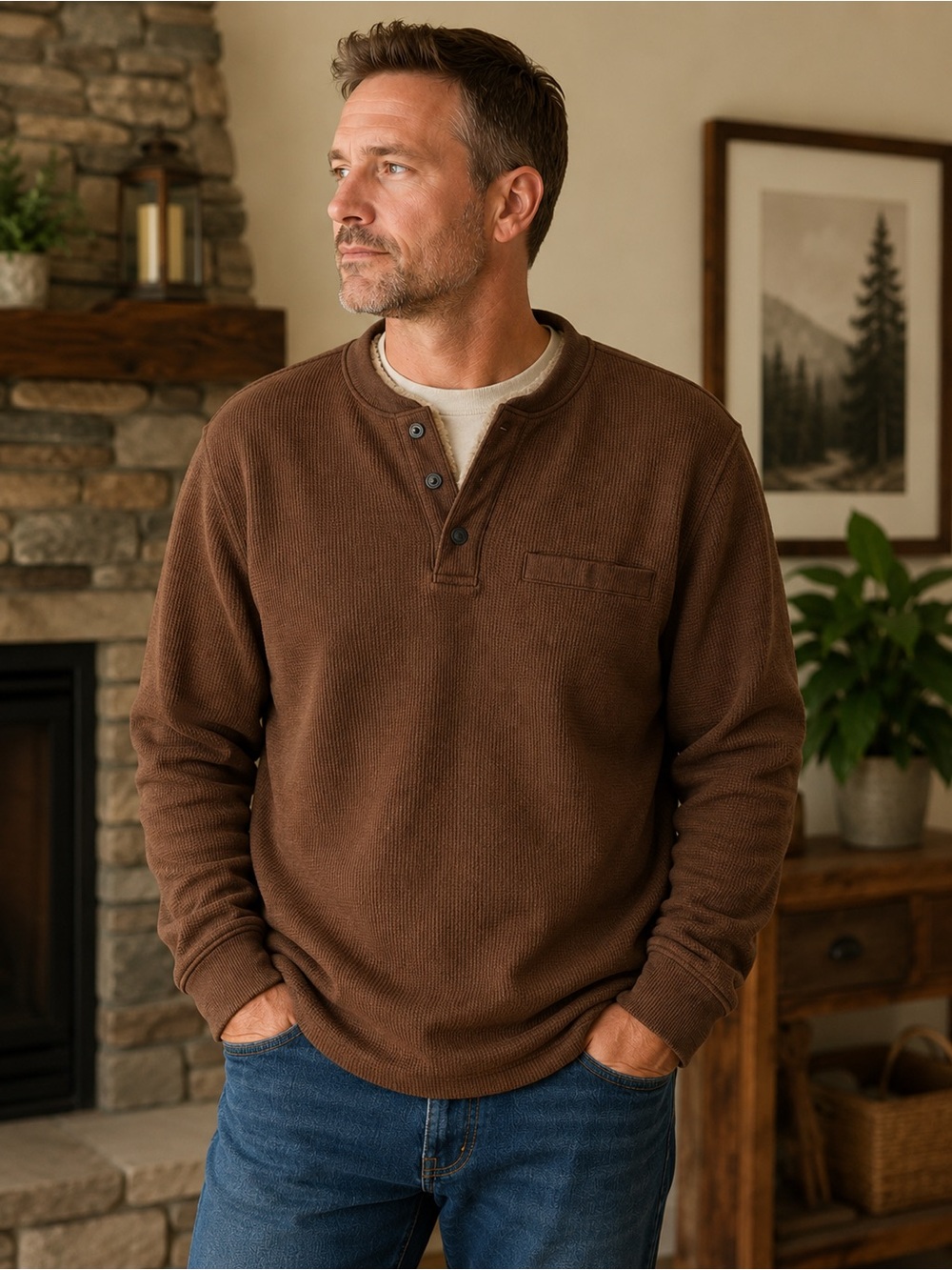 Coleman Men's XXL Brown Henley Snap Pullover Fleece Lined Sweatshirt Pocket
